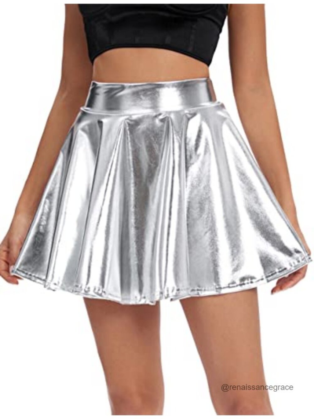 Women's Shiny Pleated Mini Skater Skirt High Waist Flared
